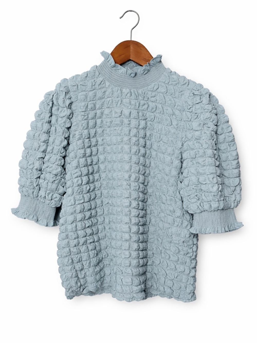 English Factory Pale Blue Textured Ruffle Mock Neck Puff Sleeve Top